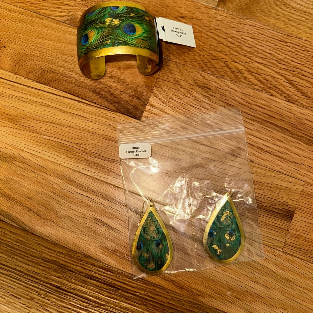 Peacock Feather Cuff Bracelet and Earrings Set—Évocateur